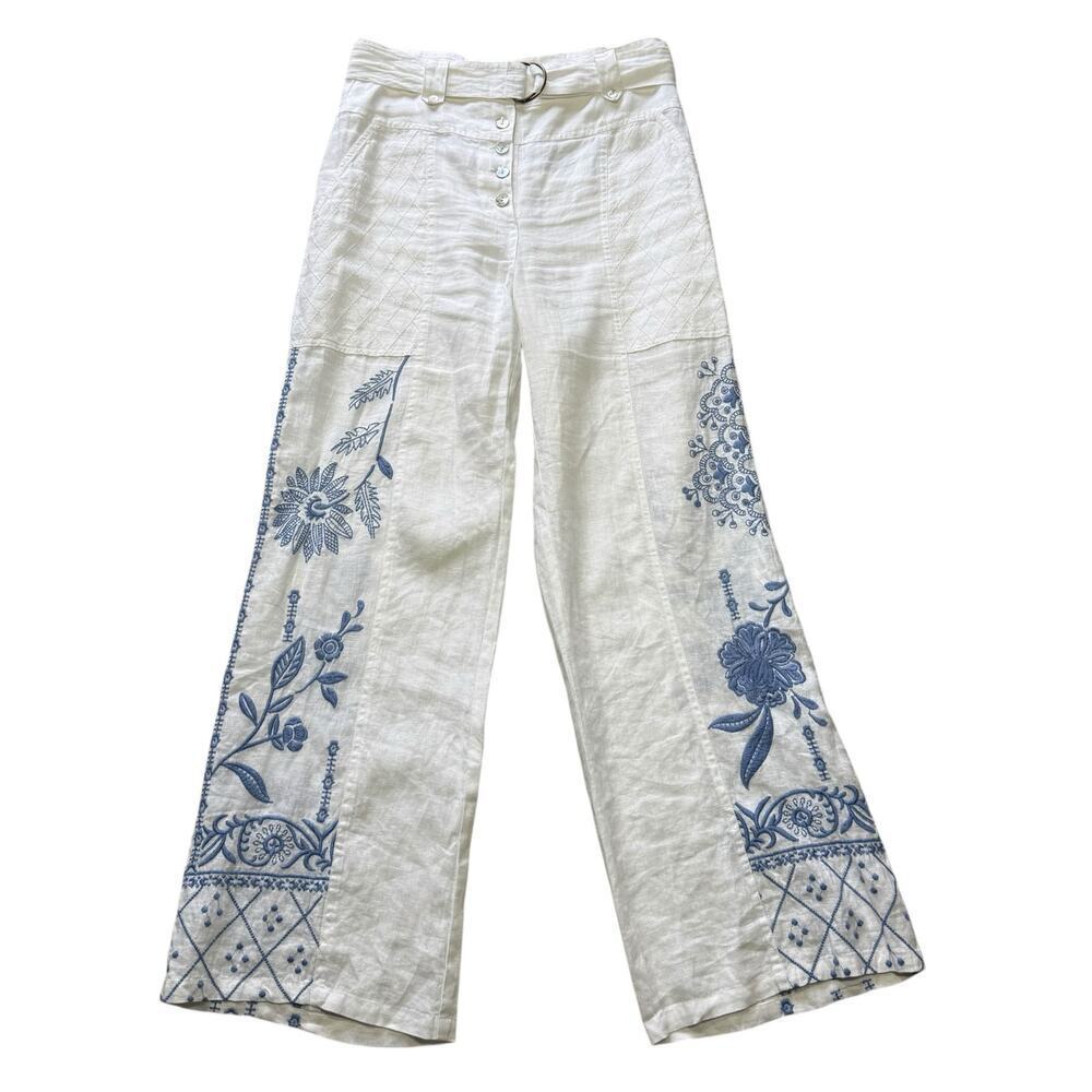 Johnny Was JW Los Angelas Lyra Linen Belted Wide Leg Pant White Blue XS / Small